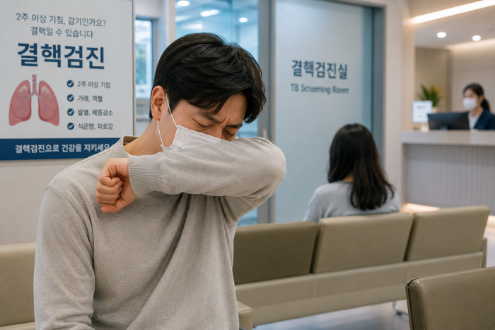 2주 이상 기침 증상으로 결핵 검진을 기다리는 환자