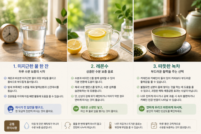레몬 한 조각을 띄운 미지근한 물과 아침 식탁