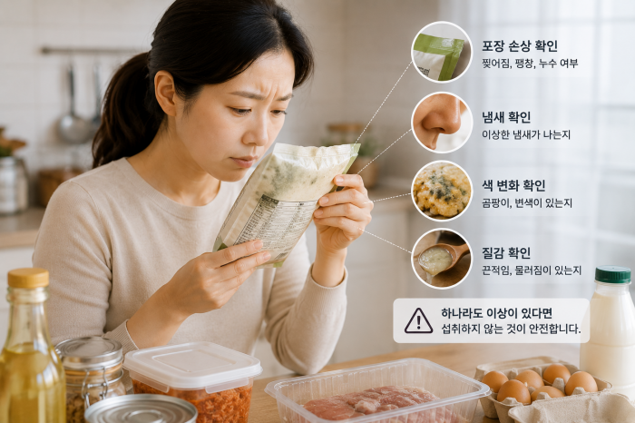식품 포장 상태와 냄새, 색 변화를 확인하는 모습