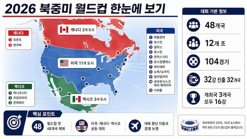 2026 북중미 월드컵 3개 개최국 16개 도시와 48개국 104경기 구조를 정리한 지도형 인포그래픽