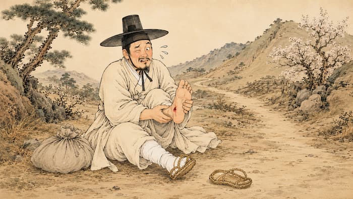 나뭇가지를 지팡이 삼아 절뚝거리며 걷는 선비