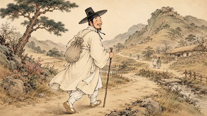 길에 앉아 아픈 발을 부여잡은 선비