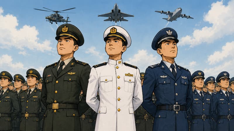 육군 해군 공군 사관학교 생도들이 함께 도열해 경례하는 모습을 상징적으로 그린 삽화