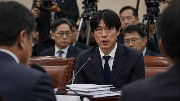 국회 청문회에 출석해 질의를 받고 있는 홍명보를 재구성한 참고 이미지