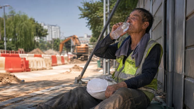 폭염 속 야외 작업을 멈추고 그늘에서 물을 마시며 쉬는 근로자