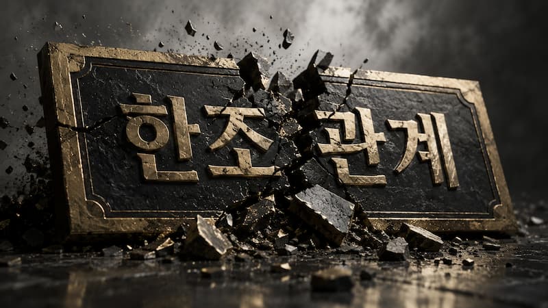 한조관계라고 적힌 명판이 깨지는 모습을 표현한 참고 이미지