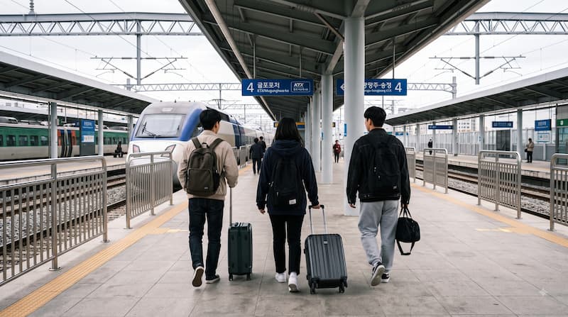 지방 도시 역 플랫폼에서 캐리어를 들고 이동하는 20대 청년들