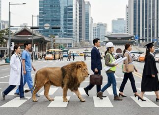 “의사는 스승인데 변호사는 선비?”… 대한민국 뒤덮은 ‘사자 직업’의 비밀 대한민국 도심에서 의사 간호사 법률가 기술자 학위복 차림의 인물들과 함께 걷는 사자