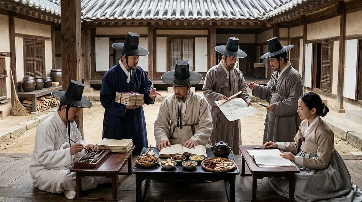 조선시대 한옥에서 서책 도면 주판 등을 살피는 의원과 유학자 전문 기술관들