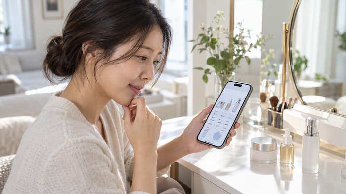 스마트폰으로 여러 뷰티 상품의 성분과 특징을 비교하는 소비자