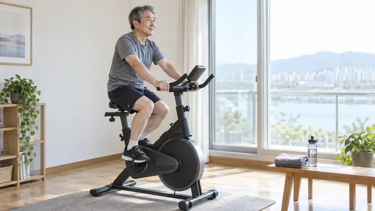 60대 남성이 집에서 실내 자전거를 타며 유산소운동을 하는 모습