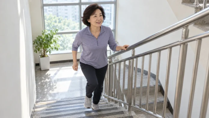 hypertension-stair-climbing-featured 중년 여성이 안전바를 잡고 계단 오르기 운동을 하는 모습