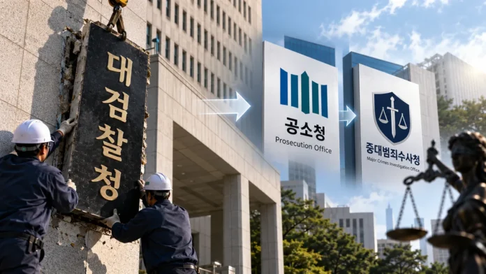 검찰청 폐지와 공소청·중대범죄수사청 출범을 상징적으로 표현한 이미지