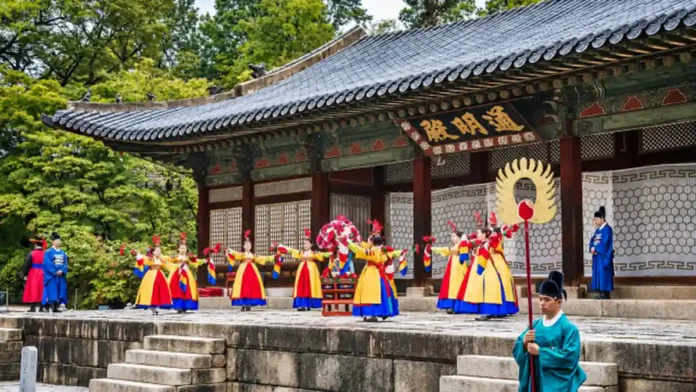 가을 궁중문화축전 창경궁 시간여행에서 전통 복식을 입은 출연진이 공연하는 모습