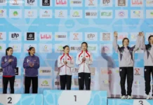 6.39초 정지민, 구이양서 개인전·릴레이 동메달…한국 여자 스피드 ‘수직 질주’ 2026 월드클라이밍 시리즈 구이양 여자 스피드 릴레이 동메달 시상대 정지민 성한아름