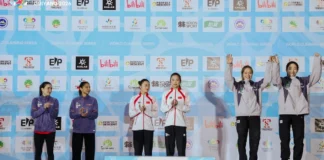 6.39초 정지민, 구이양서 개인전·릴레이 동메달…한국 여자 스피드 ‘수직 질주’ 2026 월드클라이밍 시리즈 구이양 여자 스피드 릴레이 동메달 시상대 정지민 성한아름