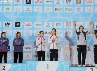 6.39초 정지민, 구이양서 개인전·릴레이 동메달…한국 여자 스피드 ‘수직 질주’ 2026 월드클라이밍 시리즈 구이양 여자 스피드 릴레이 동메달 시상대 정지민 성한아름