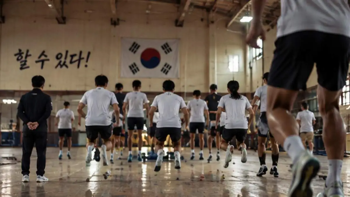 태극기 아래 단체 체력훈련을 하는 한국 선수단 재구성 이미지