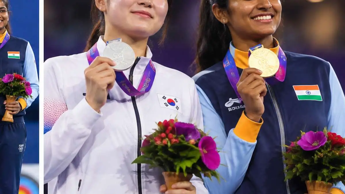오예진의 여자 리커브 개인전 은메달과 인도 금메달을 표현한 재구성 이미지