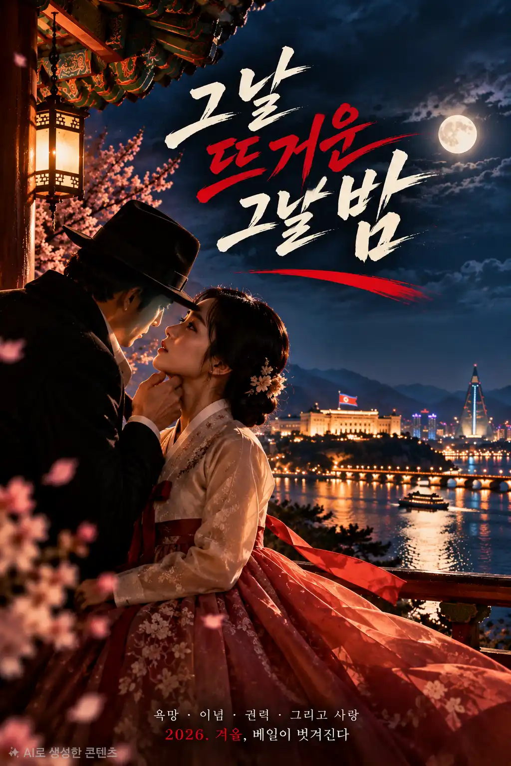 가상의 남남북녀 멜로드라마 영화 포스터, 한복 여성과 중절모 남성이 달빛 아래 마주 보는 장면
