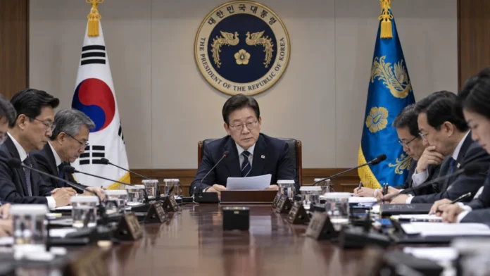 권력의 집중을 보여주듯 굳은 표정으로 국무회의를 주재하고 있는 이재명 대통령의 모습