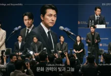 누가 당신들에게 국민의 양심을 맡겼나… ‘개념 연예인’과 정의의 비즈니스 언론과 영화인들이 모인 영화제 기자회견 장면을 재구성한 문화 권력 비평 이미지