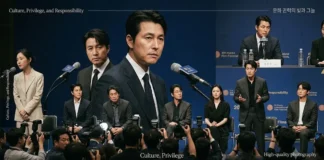 누가 당신들에게 국민의 양심을 맡겼나… ‘개념 연예인’과 정의의 비즈니스 언론과 영화인들이 모인 영화제 기자회견 장면을 재구성한 문화 권력 비평 이미지