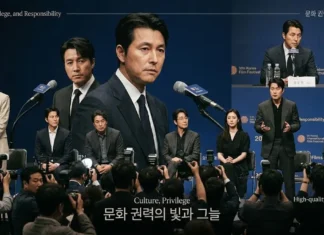 누가 당신들에게 국민의 양심을 맡겼나… ‘개념 연예인’과 정의의 비즈니스 언론과 영화인들이 모인 영화제 기자회견 장면을 재구성한 문화 권력 비평 이미지