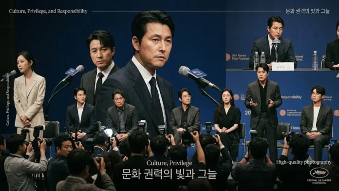 언론과 영화인들이 모인 영화제 기자회견 장면을 재구성한 문화 권력 비평 이미지