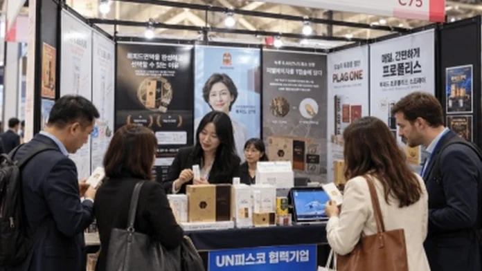 engchem-rockpid-hansang-featured 세계한상대회 엔지켐생명과학 록피드 전시 부스에서 바이어 상담이 진행되는 모습