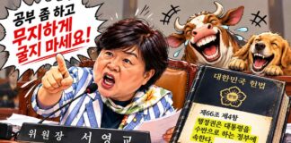 서영교의 일갈 “무지하게 굴지 마세요” 서영교 법사위원장의 국정감사 발언과 헌법 제66조의 행정부 수반 규정을 대비하고, 뒤에서 개와 소가 웃는 모습을 그린 미디어원 시사만평