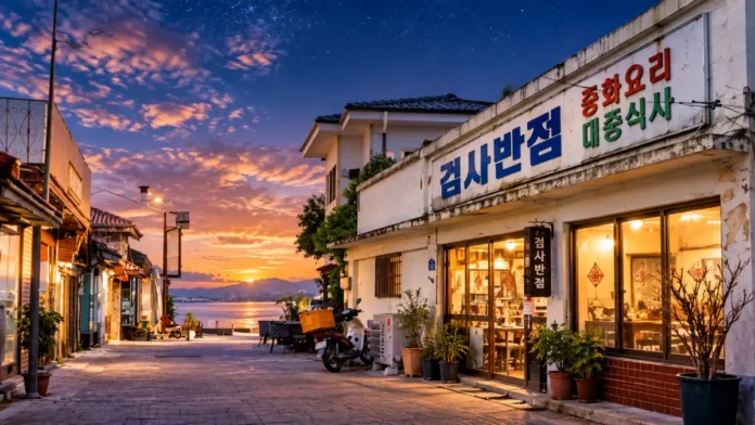 연극 검사반점의 목포 노포를 배경으로 한 가로형 공연 이미지