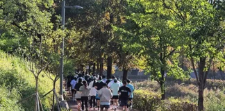 원주 바람길숲 기부런 350여 명 참여…아동 지원금 2,240만 원 전달 나무가 우거진 원주 바람길숲 산책로를 달리는 기부런 참가자들