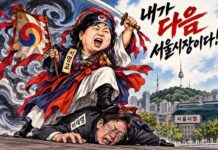 좌충우돌 서영교, 오세훈 잡으려다 이재명 밟나 무당 복장의 서영교가 칼을 들고 이재명을 밟으며 서울시장을 외치는 정치만평