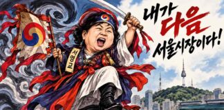 좌충우돌 서영교, 오세훈 잡으려다 이재명 밟나 무당 복장의 서영교가 칼을 들고 이재명을 밟으며 서울시장을 외치는 정치만평
