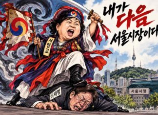좌충우돌 서영교, 오세훈 잡으려다 이재명 밟나 무당 복장의 서영교가 칼을 들고 이재명을 밟으며 서울시장을 외치는 정치만평