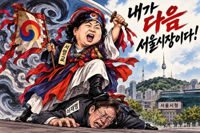 seo-young-kyo-political-satire.webp 무당 복장의 서영교가 칼을 들고 이재명을 밟으며 서울시장을 외치는 정치만평